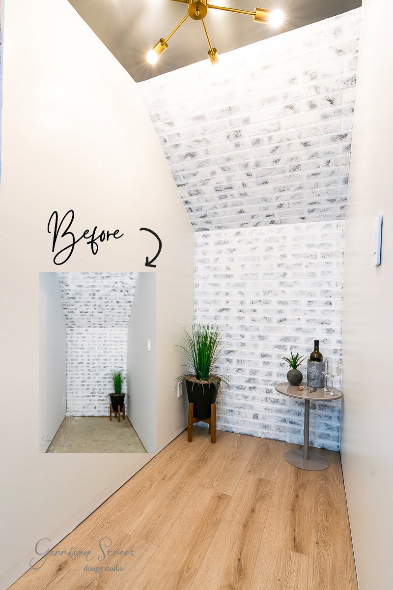 A small renovated alcove with a light wood floor features whitewashed brick walls and a ceiling light fixture. A side table holds a glass and bottle, with a plant in the corner. An inset "before" image shows bare walls and no decor.