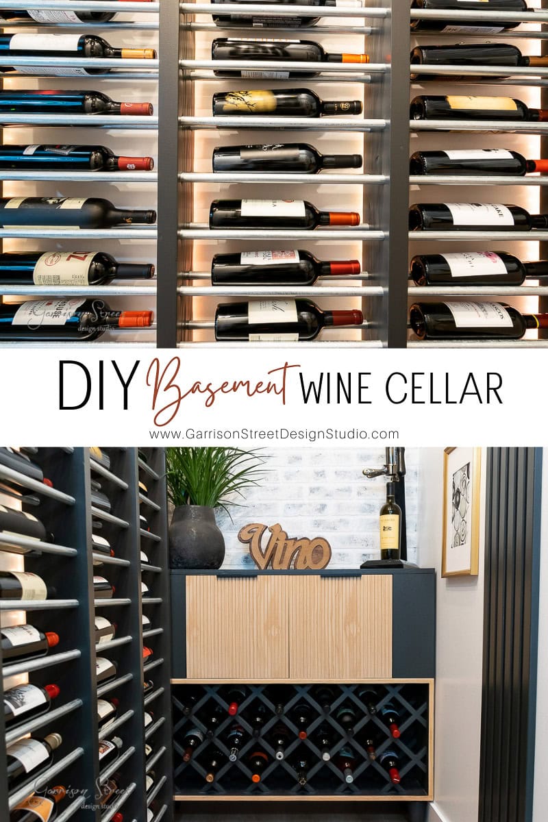 A modern basement wine cellar showcases neatly arranged wine bottles on wall racks. Below, a cabinet with a wine rack and decorative "Vino" sign completes the scene.