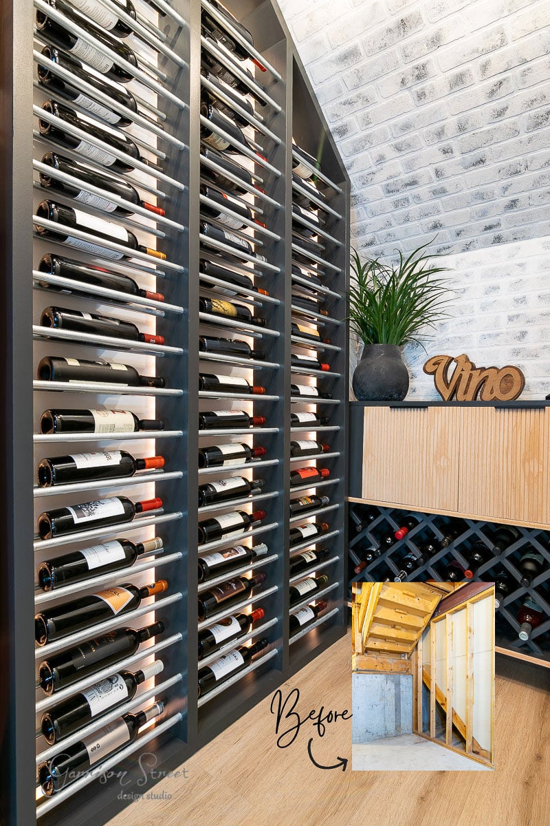 A tall rack of wine bottles against a textured white wall. A potted plant and a wooden decor piece labeled "Vino" adorn the shelf. An inset "Before" image captures the initial unfinished space with wooden beams.