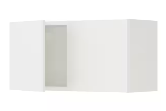 A minimalist white wall cabinet with a sleek, modern design serves as an ideal IKEA wine bar. It features a single open shelf for storage and the other side enclosed, perfect for stowing bottles. The cabinet has clean lines and a glossy finish, making it an effortless hack for any space.