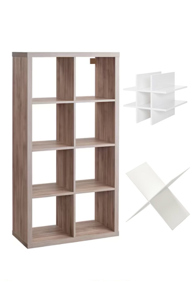 A tall, 8-compartment wood bookshelf stands upright. To the right, two white insert panels with multiple slots are shown, one with intersecting parts for organizing or dividing shelf space. Channel your inner designer and transform this versatile piece into an IKEA wine bar cabinet hack.