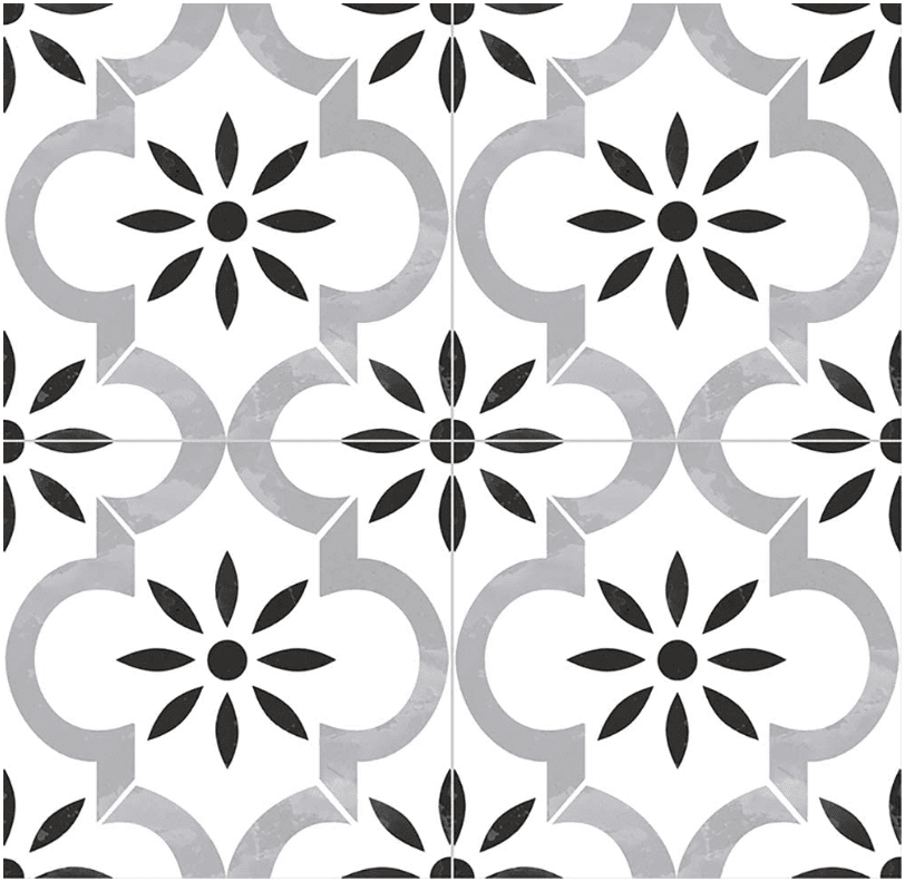 This decorative tile pattern showcases a repeating symmetrical design. Each tile highlights a central star-like motif crafted from black leaf shapes, encircled by gray, looped geometric outlines on a white background.