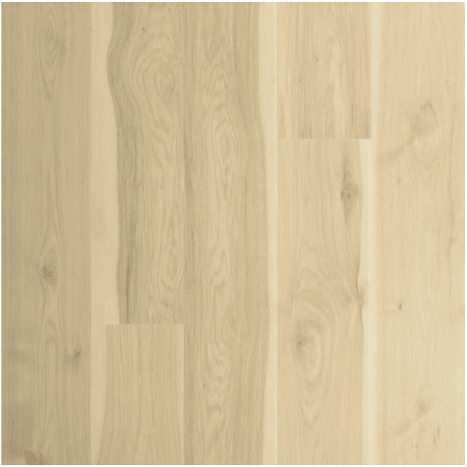 A close-up view of light wood flooring with a natural grain pattern. The surface features a mix of smooth areas and knots, creating an organic and textured appearance.