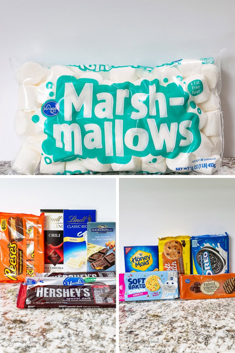 A collage showcasing a backyard s'mores bar, with a large bag of marshmallows at the top and an array of chocolate bars like Lindt and Reese's, paired with cookie packages such as Chips Ahoy and Pillsbury at the bottom.