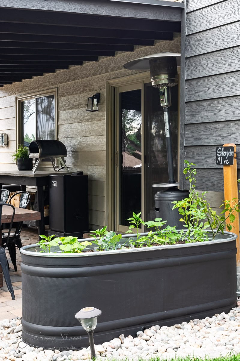 An outdoor patio features a chic black metal planter brimming with lush green plants atop white pebbles. Nearby, a patio heater and barbecue grill set the scene, while a chalkboard sign reads "Stayin' Alive." A stylish stock tank adds charm to this inviting garden oasis.