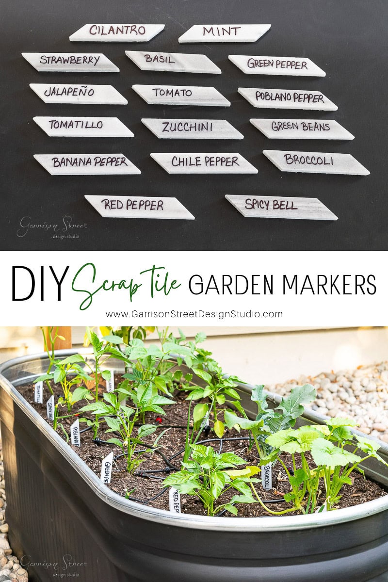 Image featuring DIY garden markers crafted from scrap tile, elegantly labeled with plant names like cilantro and basil. Below, a metal planter box brims with small plants, each identified by its own marker. Tutorial courtesy of Garrison Street Design Studio.