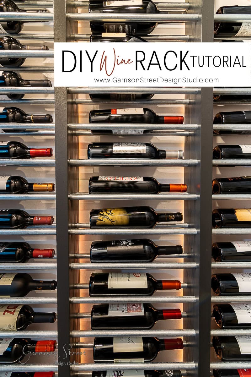 A neatly organized wine rack filled with various bottles of wine displayed horizontally. The top of the image has a banner reading "How to Build a DIY Wine Rack Tutorial" alongside a website link.