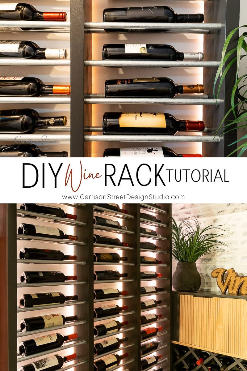 A modern wine rack filled with various wine bottles is displayed. Below, a decorative shelf with a wooden "Vine" sign and plant enhances the charm. The text reads "How to Build a DIY Wine Rack Tutorial" with a web address for Garrison Street Design Studio.