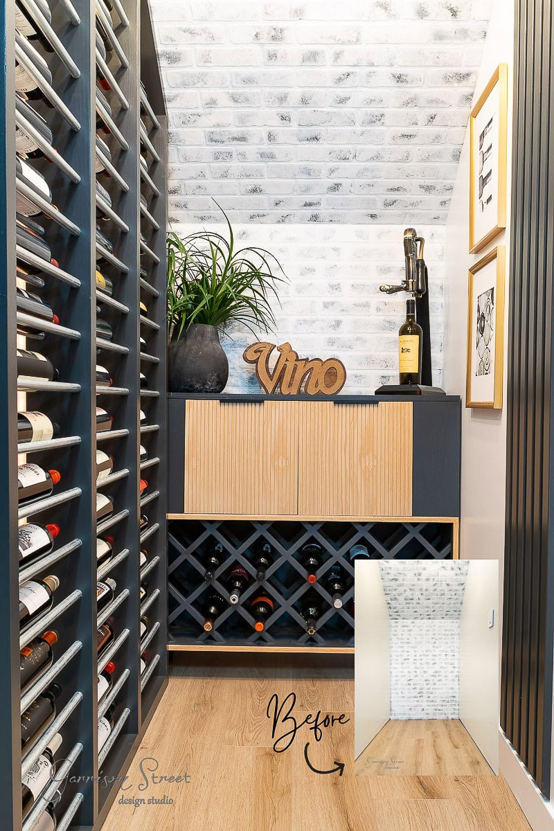 A stylish wine cellar features a wall-mounted wine rack, hinting at how to build a DIY wine rack, filled with bottles and a wooden cabinet for more storage. A small plant rests on top, while decorative wall art reads "Vino." An inset 'Before' image shows the empty space transformed.