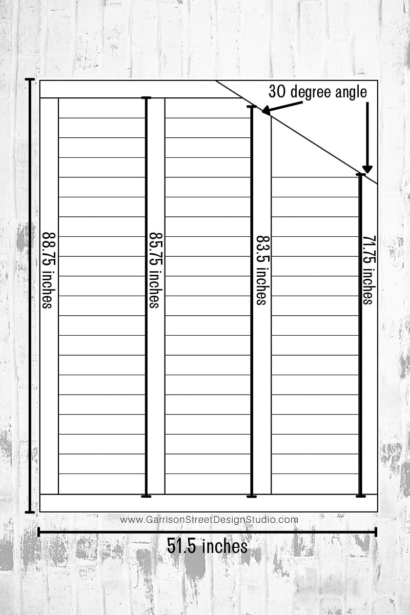 Explore a unique shelf design with three sections of varying heights—88.75 inches, 85.75 inches, and 83.5 inches—ideal for your DIY projects like building a wine rack. With a 30-degree angle on the upper right, it spans 51.5 inches against a white brick wall pattern backdrop.