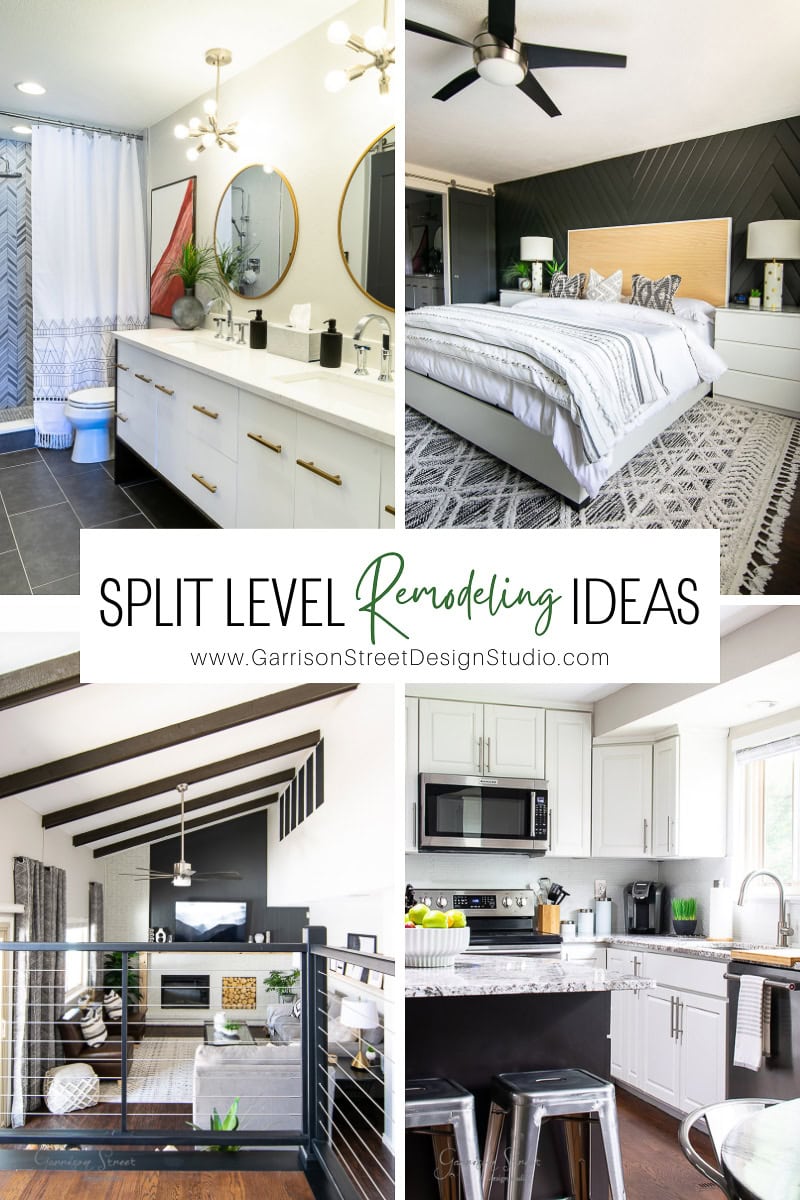 Collage of remodeling ideas for split level houses: a modern bathroom with double vanity, a bedroom featuring a dark accent wall, a living room boasting a vaulted ceiling and fireplace, and a kitchen with sleek white cabinets and black countertops.