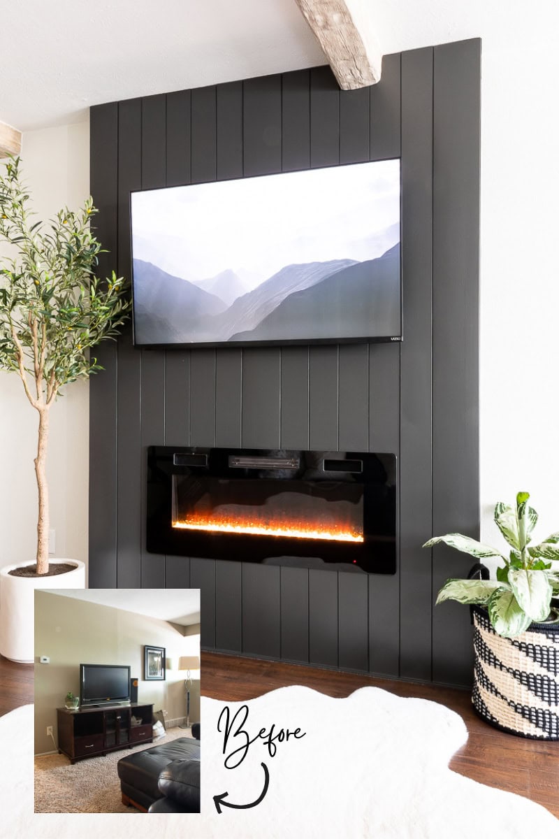 A modern living room showcases a DIY electric fireplace and TV wall with a sleek black paneled design. The mounted TV above the fireplace complements the potted plant nearby. An inset image reveals the previous setup with a traditional TV stand and fireplace.