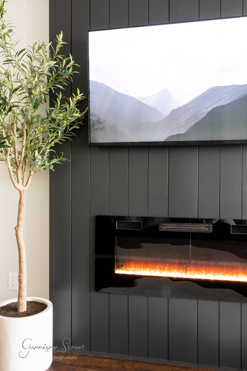 A modern living room showcases a DIY electric fireplace and TV wall, featuring a mounted flat-screen displaying a mountain landscape. Beneath it, glowing embers flicker in the sleek black fireplace, while a potted tree with green leaves enhances the left side of the space.
