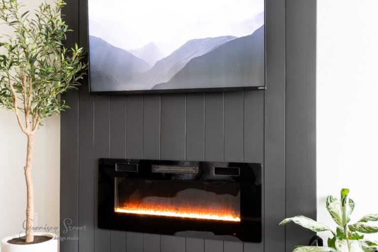 A modern living room showcases a DIY electric fireplace and TV wall. The sleek black fireplace with glowing embers sits below the mounted TV. Flanking these are a green potted plant and one with broad leaves, infusing a touch of nature into the contemporary design.