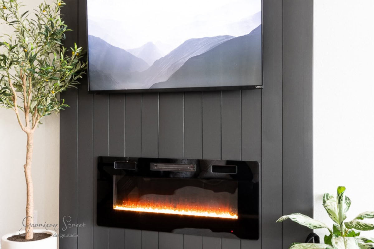 A modern living room showcases a DIY electric fireplace and TV wall. The sleek black fireplace with glowing embers sits below the mounted TV. Flanking these are a green potted plant and one with broad leaves, infusing a touch of nature into the contemporary design.