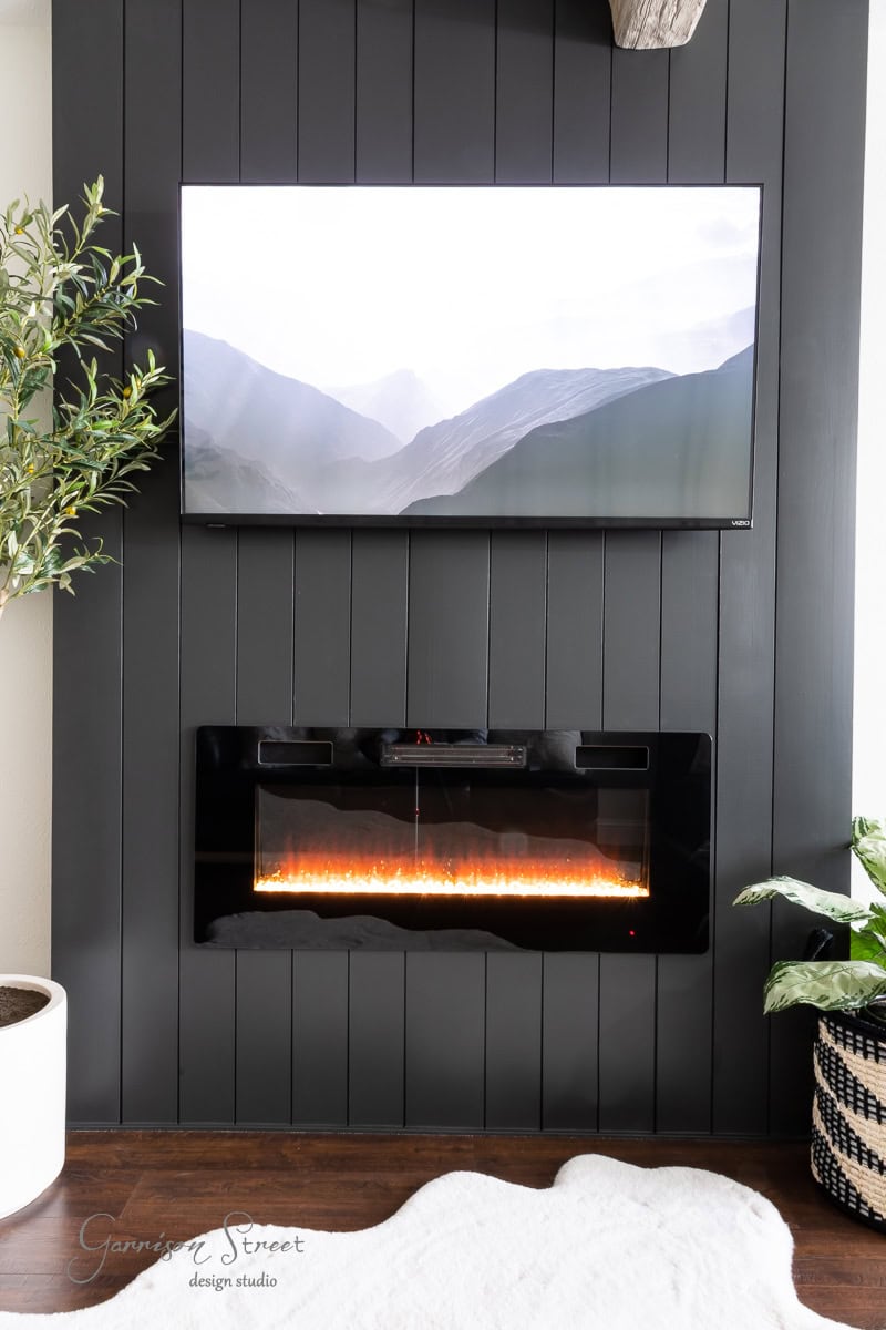 A minimalist living room showcases a DIY electric fireplace and TV wall with a flat-screen displaying a serene mountain scene. The space is accented by a potted plant on the left and a light-colored rug on the dark wood floor, enhancing the room's tranquil ambiance.