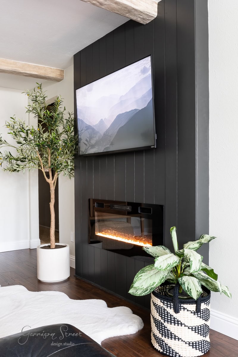 Modern living room with a chic black panel wall, highlighting a DIY electric fireplace and mounted TV. A potted olive tree and a leafy plant in a woven basket bring in greenery, while a fur rug softens the dark hardwood floor.