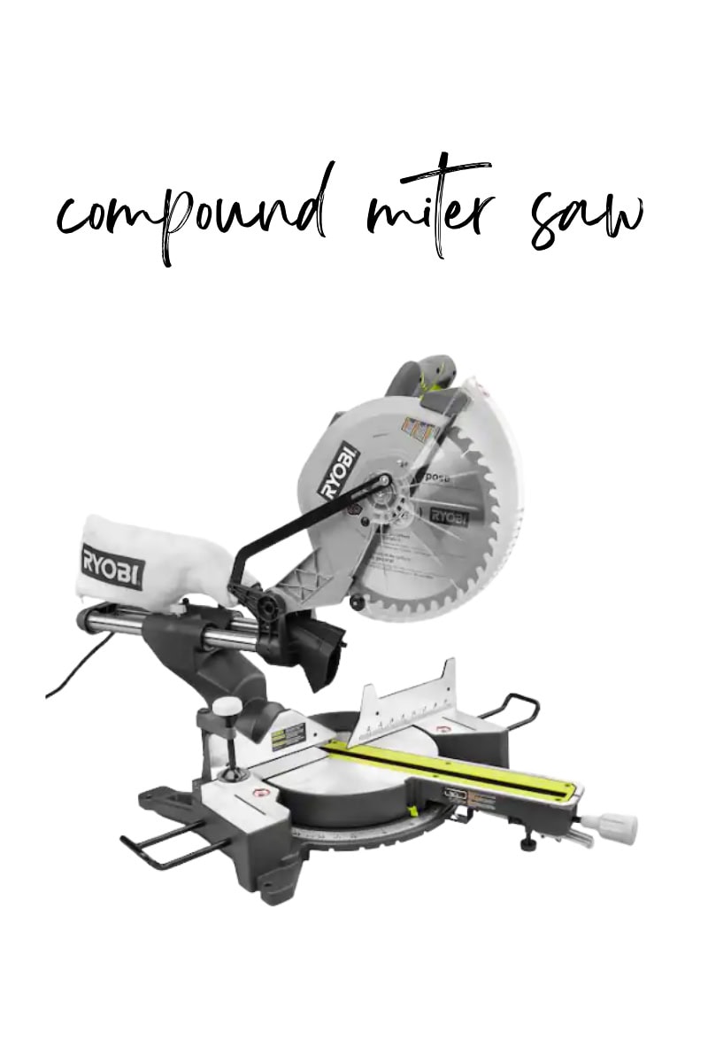 A Ryobi compound miter saw features a dust bag and measuring guide on a white background. Above it, the black script reads "compound miter saw."