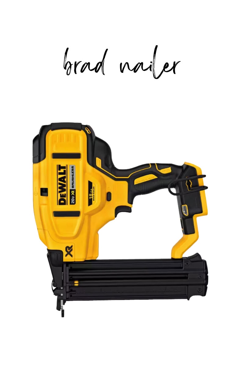 A yellow and black Dewalt cordless brad nailer sits on a white background, with the text "brad nailer" above it.