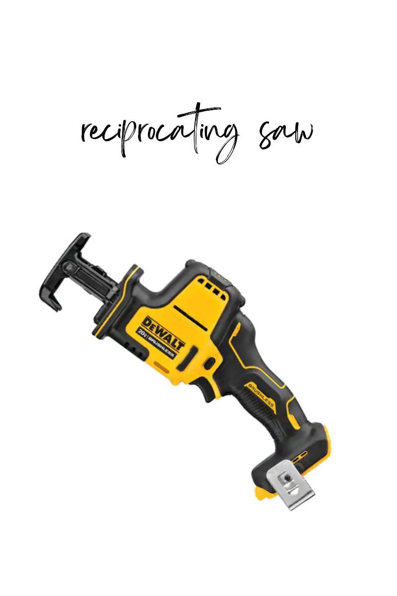 A yellow and black cordless reciprocating saw is prominently featured in a minimalistic style against a pristine white background. Titled "reciprocating saw" in handwritten script.