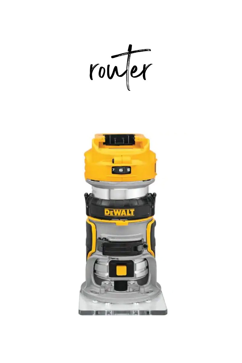 A yellow and black DeWalt woodworking router is centered against a white background. Above it, the word "router" is handwritten in black.