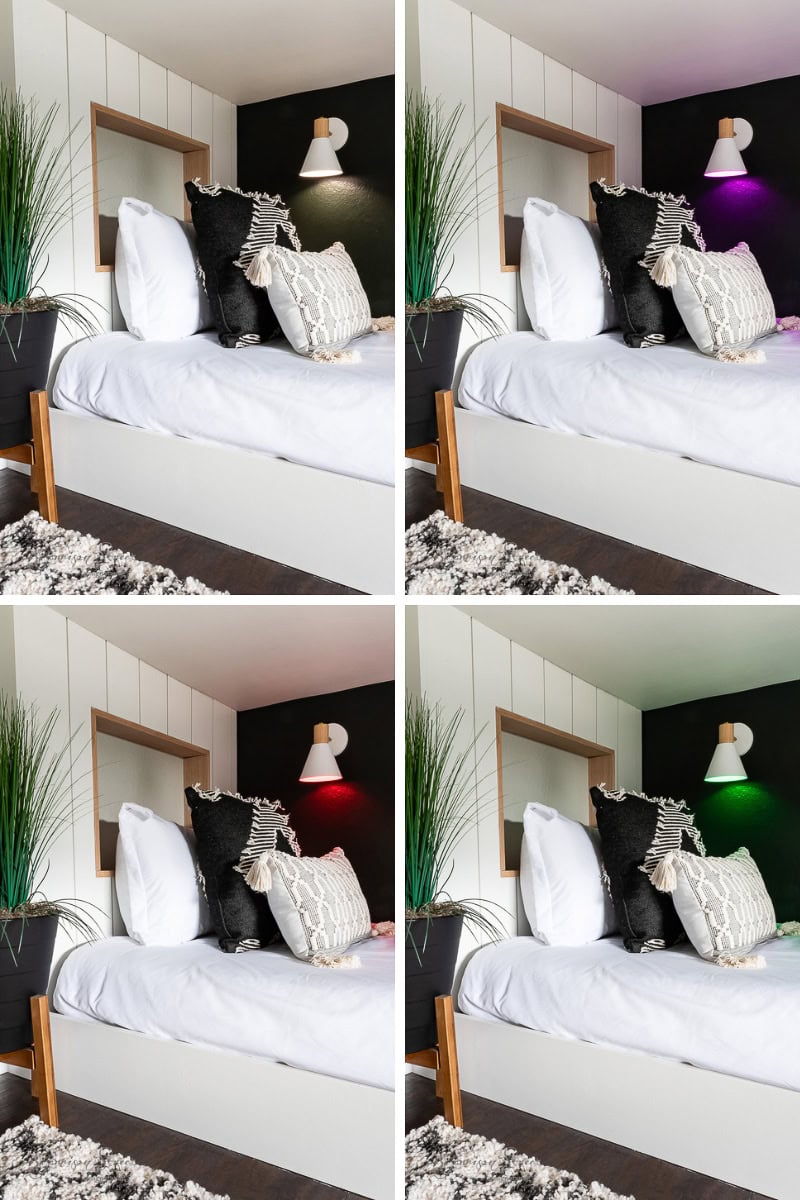 A modern bedroom features a bed with white bedding and decorative pillows. Four images showcase different wall light colors: white, purple, red, and green. A potted plant sits beside the bed, complemented by a textured rug on the floor.
