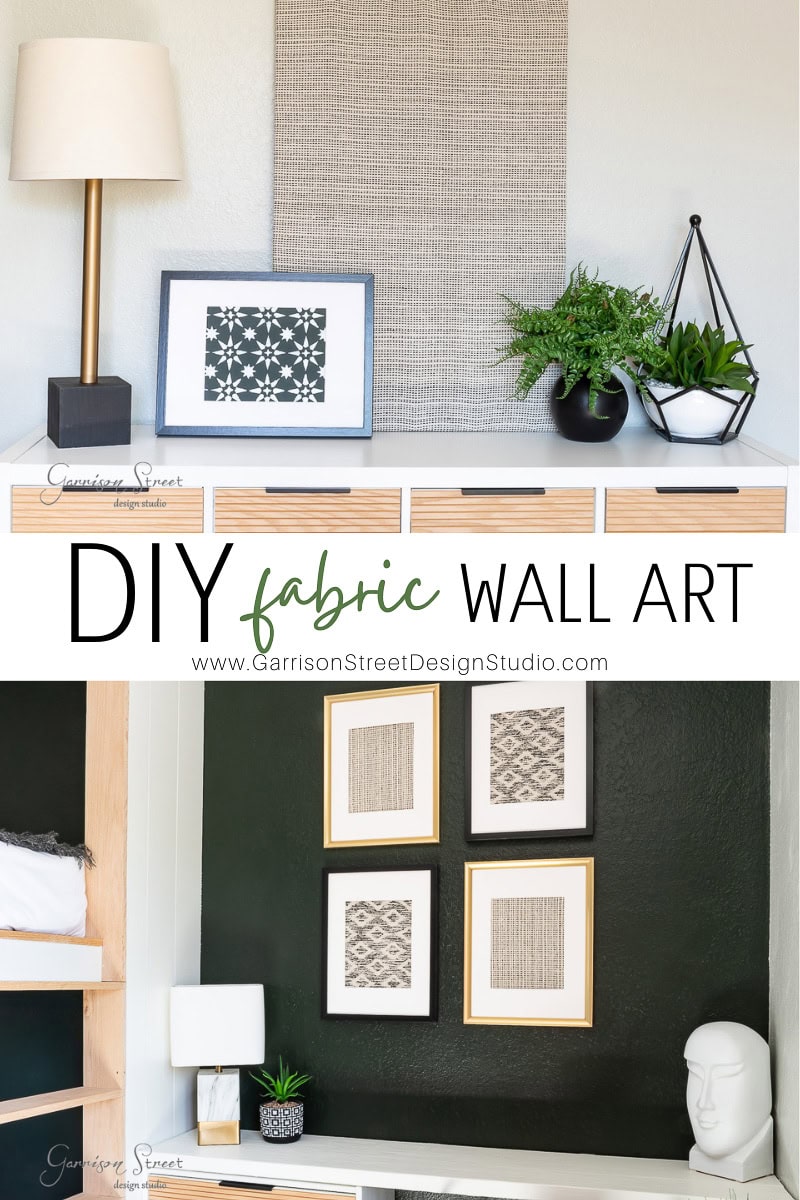 A modern interior showcases DIY fabric wall art, with a dresser topped by a black lamp and framed art. A large fabric panel stands beside lush greenery, while four framed fabric pieces adorn the dark green wall. Website text is elegantly positioned at the bottom.