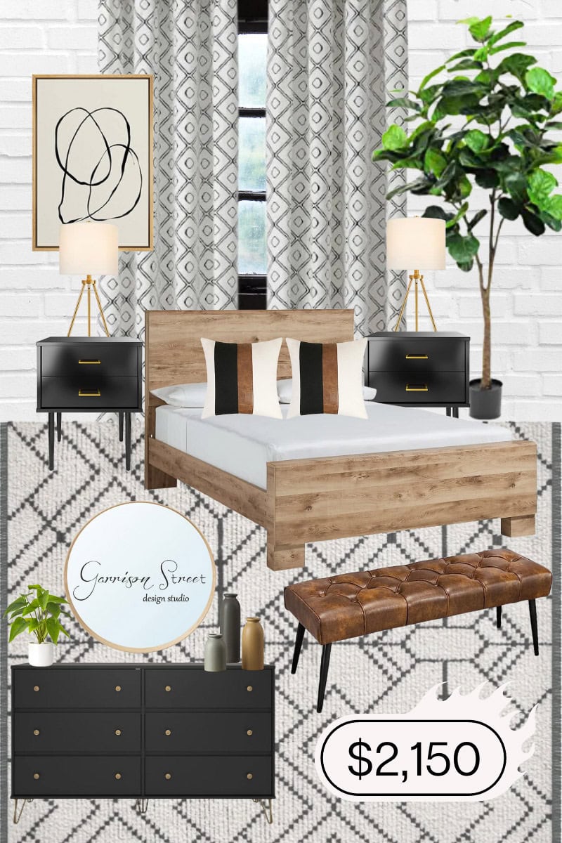 A modern bedroom design showcases a wooden bed with white and brown bedding, flanked by black nightstands with lamps. A patterned rug and curtains enhance the decor, while a plant, dresser, artwork, and bench add style for $2,150—an essential consideration when estimating how much to furnish a 4-bedroom house.