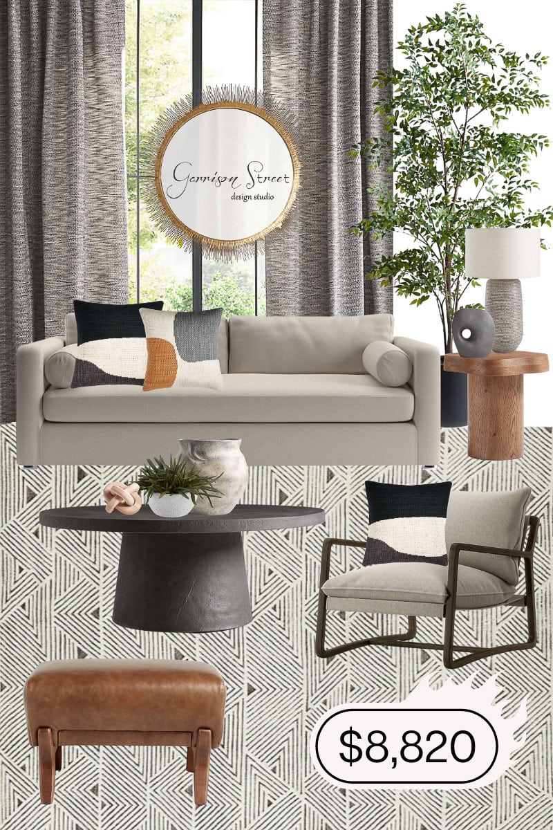 A modern living room setup with a beige sofa, patterned cushions, and a round mirror on the wall. A side table with a lamp, plant, and geometric rug enhance the space. A lounge chair, small table, and ottoman complete this stylish decor. Perfect inspiration for those wondering how much to furnish a 4-bedroom house. Price tag: $8,820.