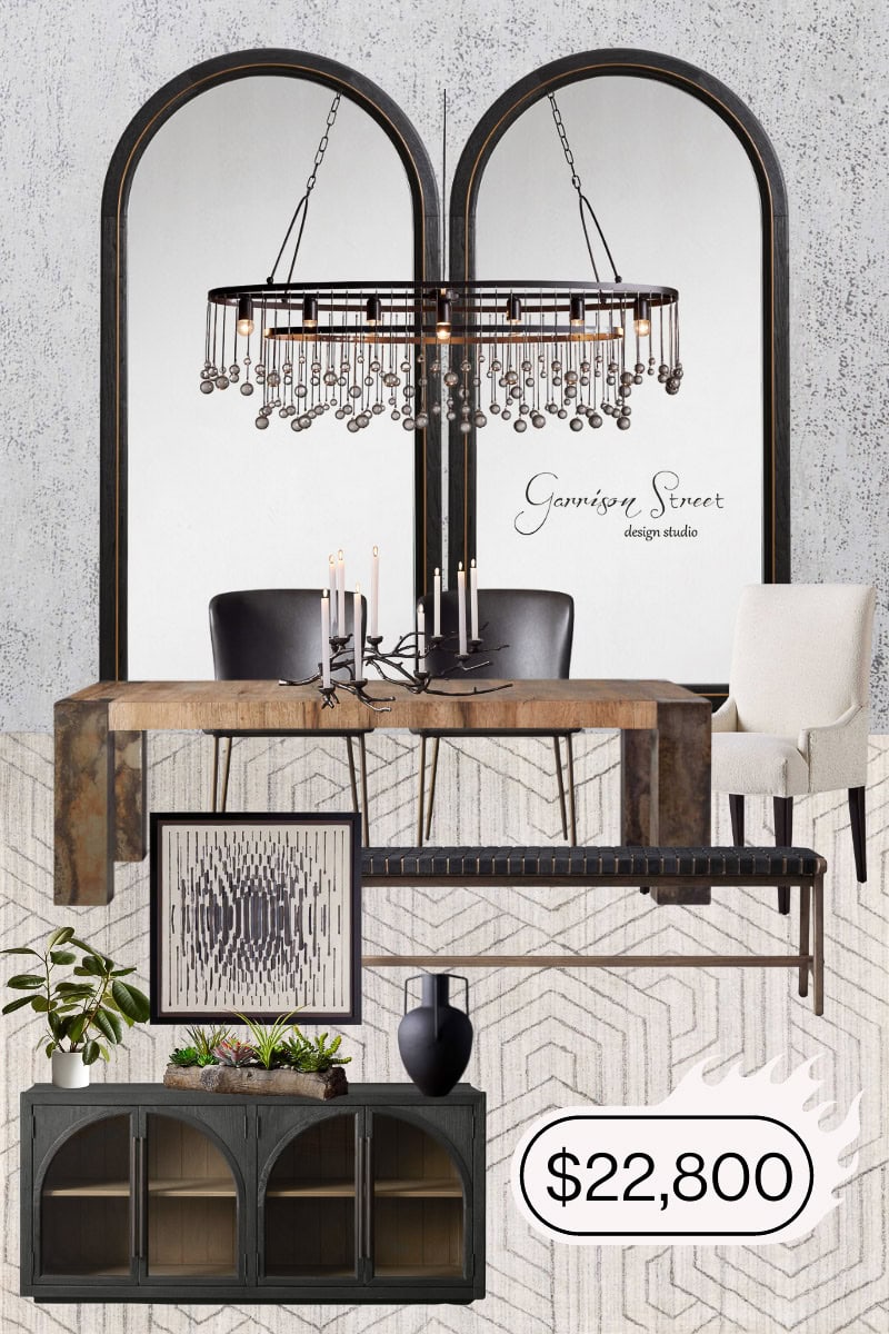 A modern dining room setup featuring a rustic table, black chairs, a large chandelier, and arched mirrors includes elegant decor like candles, artwork, plants, and a sideboard. This chic ensemble is offered at $22,800—a step toward discovering how much to furnish a 4-bedroom house.