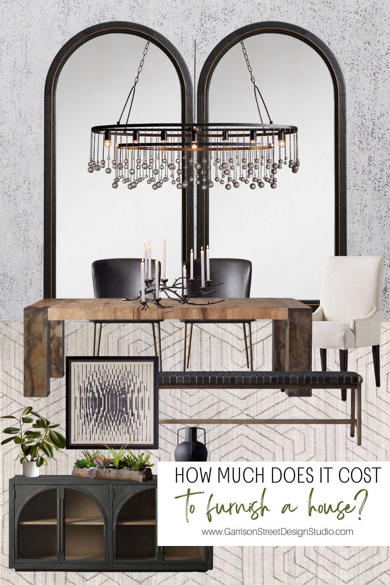 A modern dining room setup featuring a rustic wooden table, black dining chairs, a chic bench, and a white armchair. Two large mirrors and a geometric chandelier enhance the decor. For those wondering how much to furnish a 4-bedroom house, this elegant space offers inspiration with its framed abstract art and sideboard.