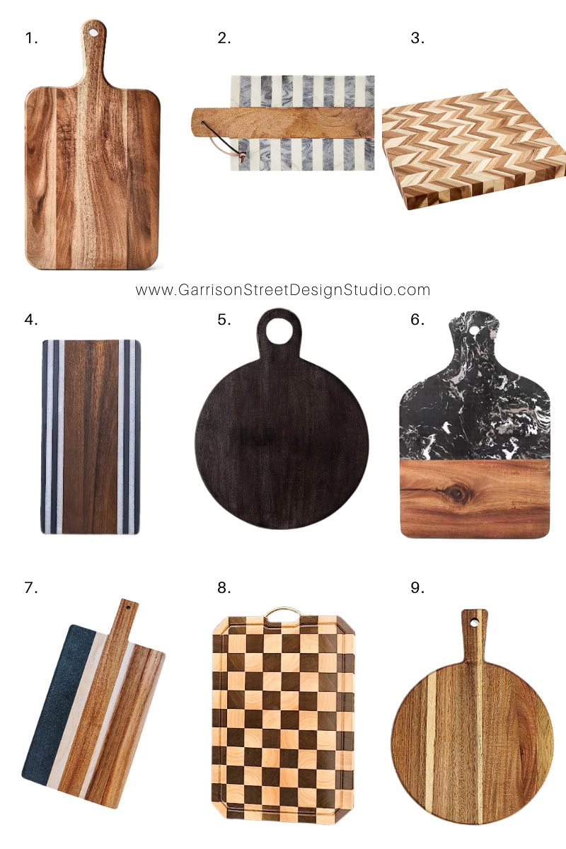 A collage of nine cutting boards in assorted shapes and designs showcases how to display cutting boards on kitchen counters. From rectangular to round, these pieces feature patterns like stripes, checkerboard, and wood grain, each boasting unique textures and colors that add charm to any kitchen.