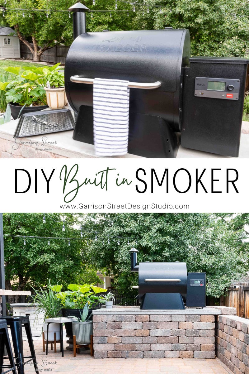 A DIY built-in smoker setup in a backyard. The top image shows a close-up of the smoker adorned with a striped cloth hanging on the handle, resembling the style of Traeger grills. The bottom image reveals the smoker integrated into a stone counter, enhancing this outdoor kitchen space surrounded by greenery.