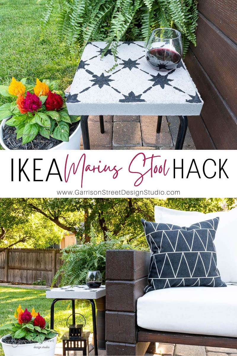 A modern patio setting showcases a black and white patterned side table, reminiscent of a tile side table DIY project, paired with a glass of red wine. A white outdoor sofa with a geometric pillow complements the scene, alongside vibrant potted flowers and green ferns. Text reads "IKEA Marius Stool Hack."