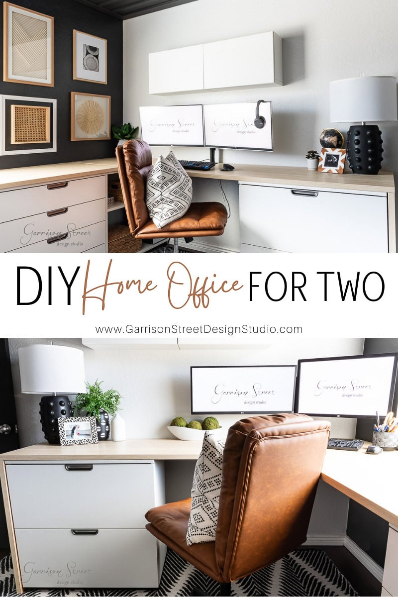 A modern DIY home office features a white desk, leather chair, and dual monitors. Decorative elements include framed art, a textured pillow, and a black vase. Text reads "Home Office for Two" with a website URL.