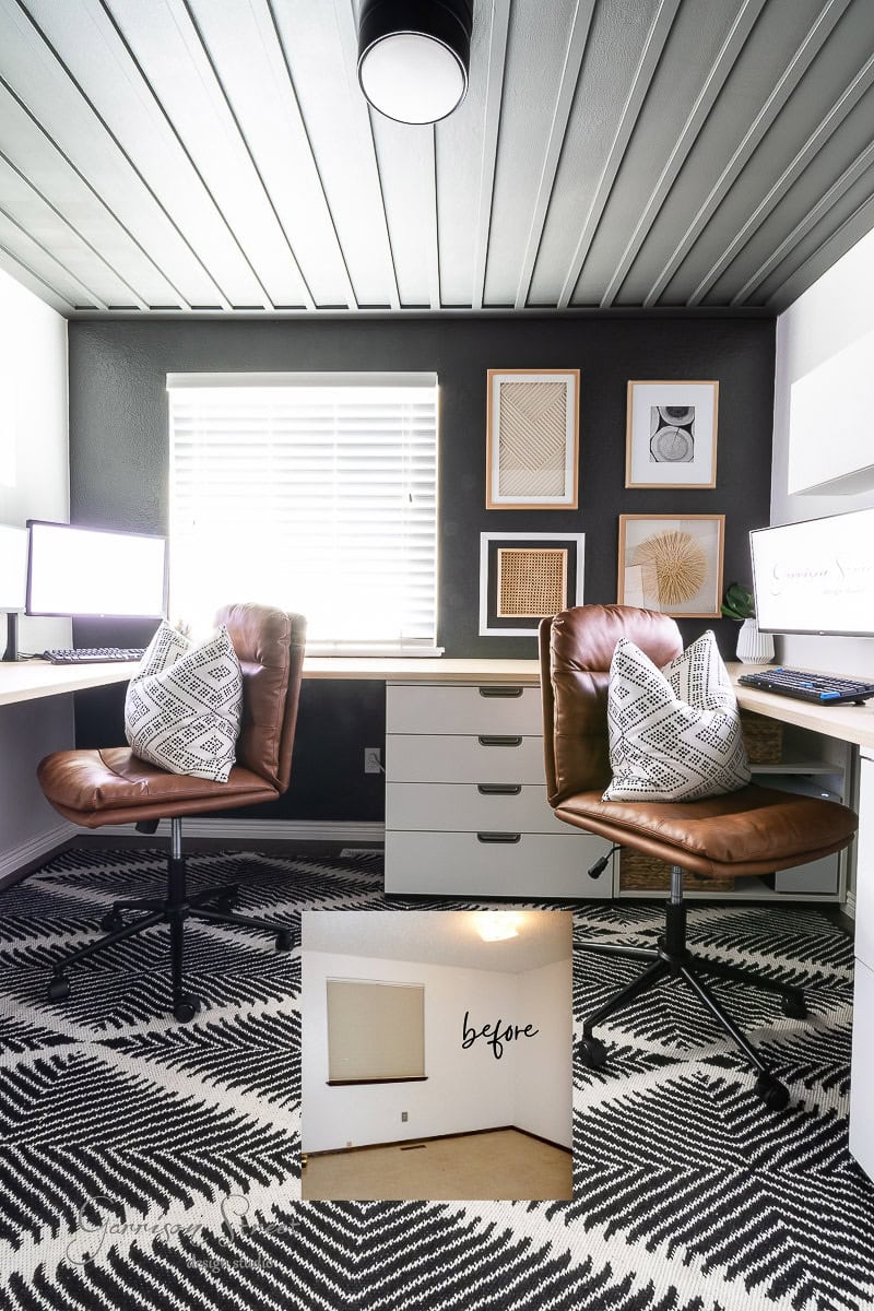 A modern DIY home office for two showcases two brown leather chairs with patterned cushions, black and white decor, desks with computers, and framed art on the wall. The space is completed with a black and white geometric rug, transforming a once plain corner into a stylish workspace.