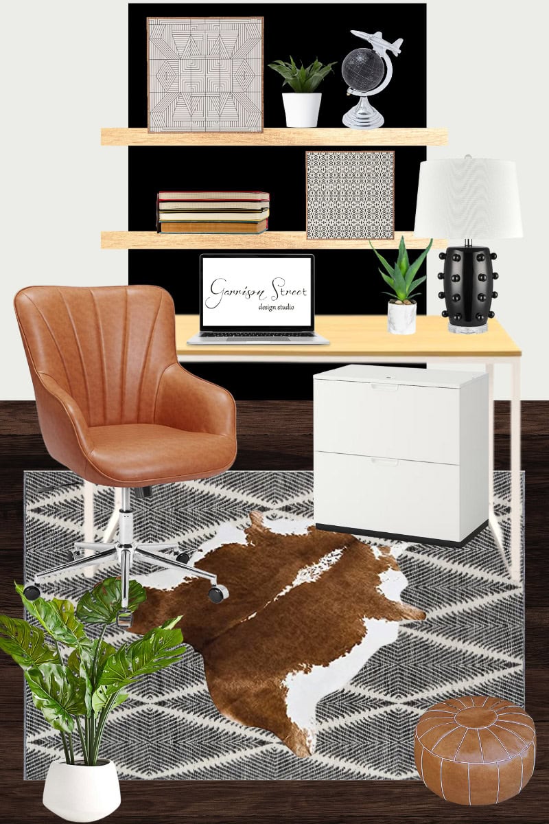 A cozy DIY home office for two features a brown leather chair, a wooden desk with a laptop, and a stylish lamp. The space boasts potted plants, a patterned rug with a brown patch, and a white cabinet. Shelving above holds decorative objects and books, creating an inviting dual workspace.