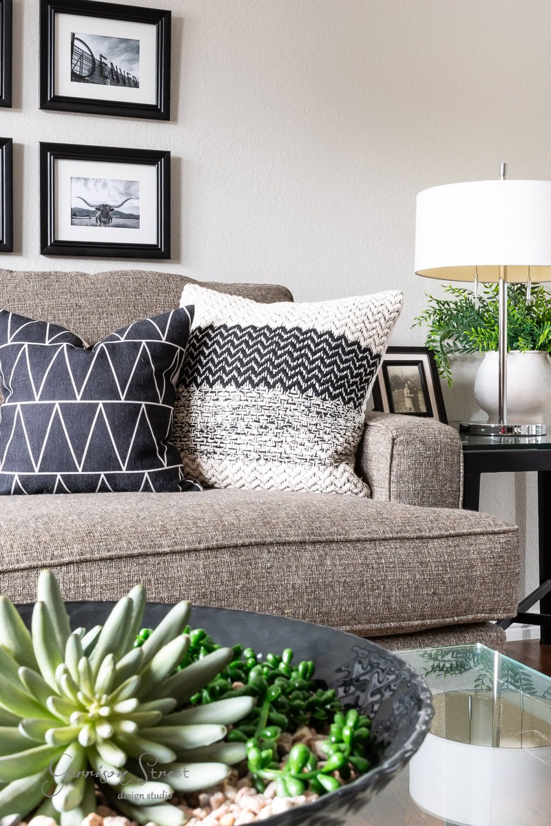 A cozy living room features a brown sofa with two patterned pillows, one geometric and the other textured. On the side table, a lamp complements a potted plant. A round glass table with succulents adds charm to the foreground.