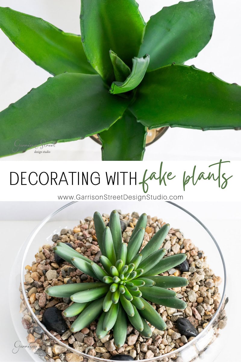 Top view of two artificial succulents: one large, dark green plant above a text banner and a smaller, light green plant nestled in a clear bowl with pebbles. The banner reads "How to decorate with fake plants" alongside a website link.