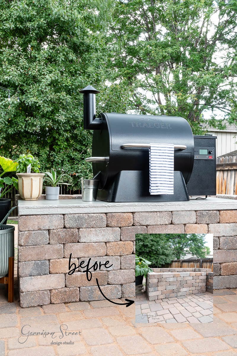 Outdoor patio with a black grill on a stone counter. A striped towel hangs from the grill, surrounded by potted plants and trees. An inset image reveals the concrete countertop DIY transformation before the grill was added, labeled "before."