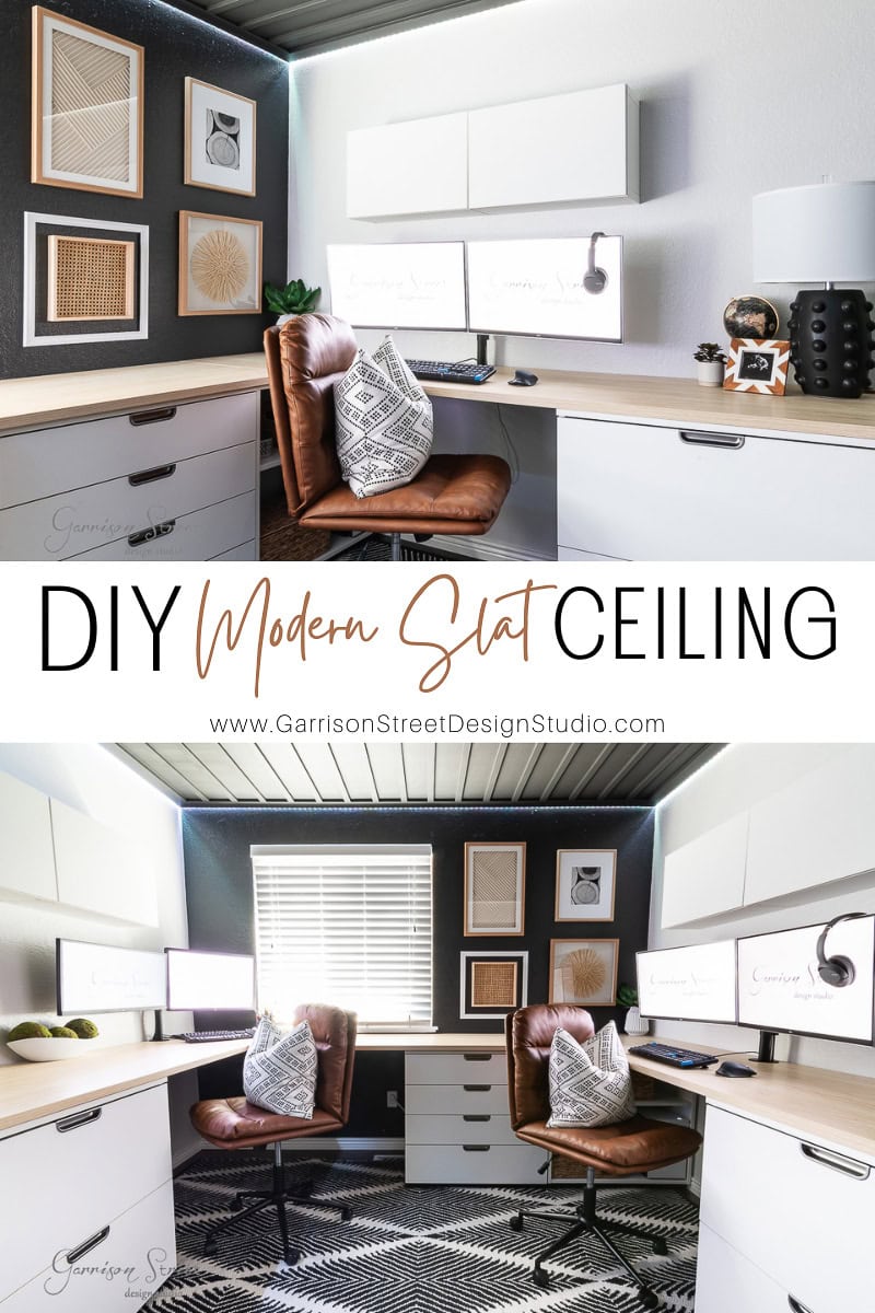 A modern home office with a wooden desk, leather chairs, and decorative pillows features a DIY wood plank ceiling. The walls are adorned with framed art as natural light streams through the window, highlighting the stylish decor.