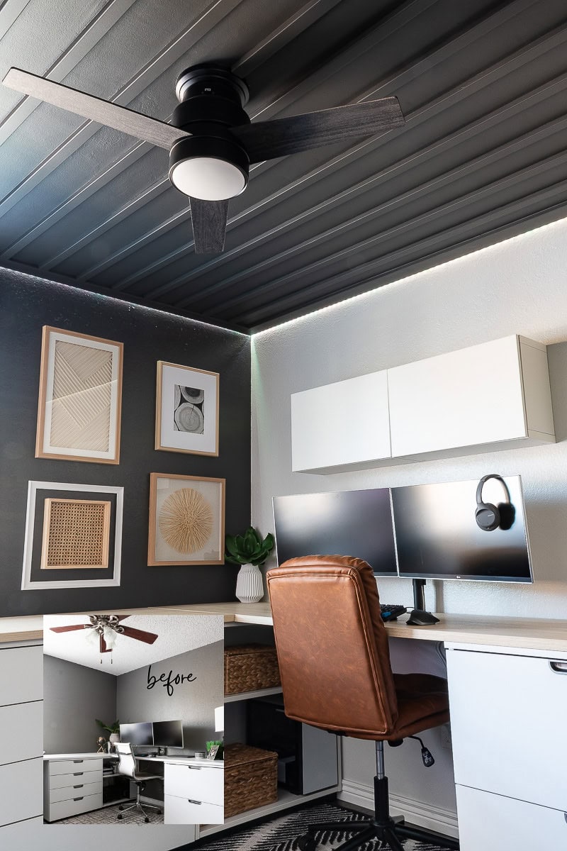 Modern home office with a DIY wood plank ceiling, brown leather chair, and dual monitors on a white desk. Wall-mounted white cabinets complement the setup. The black ceiling fan adds contrast, while artwork adorns the grey wall. A small inset shows a "before" image with a basic setup.