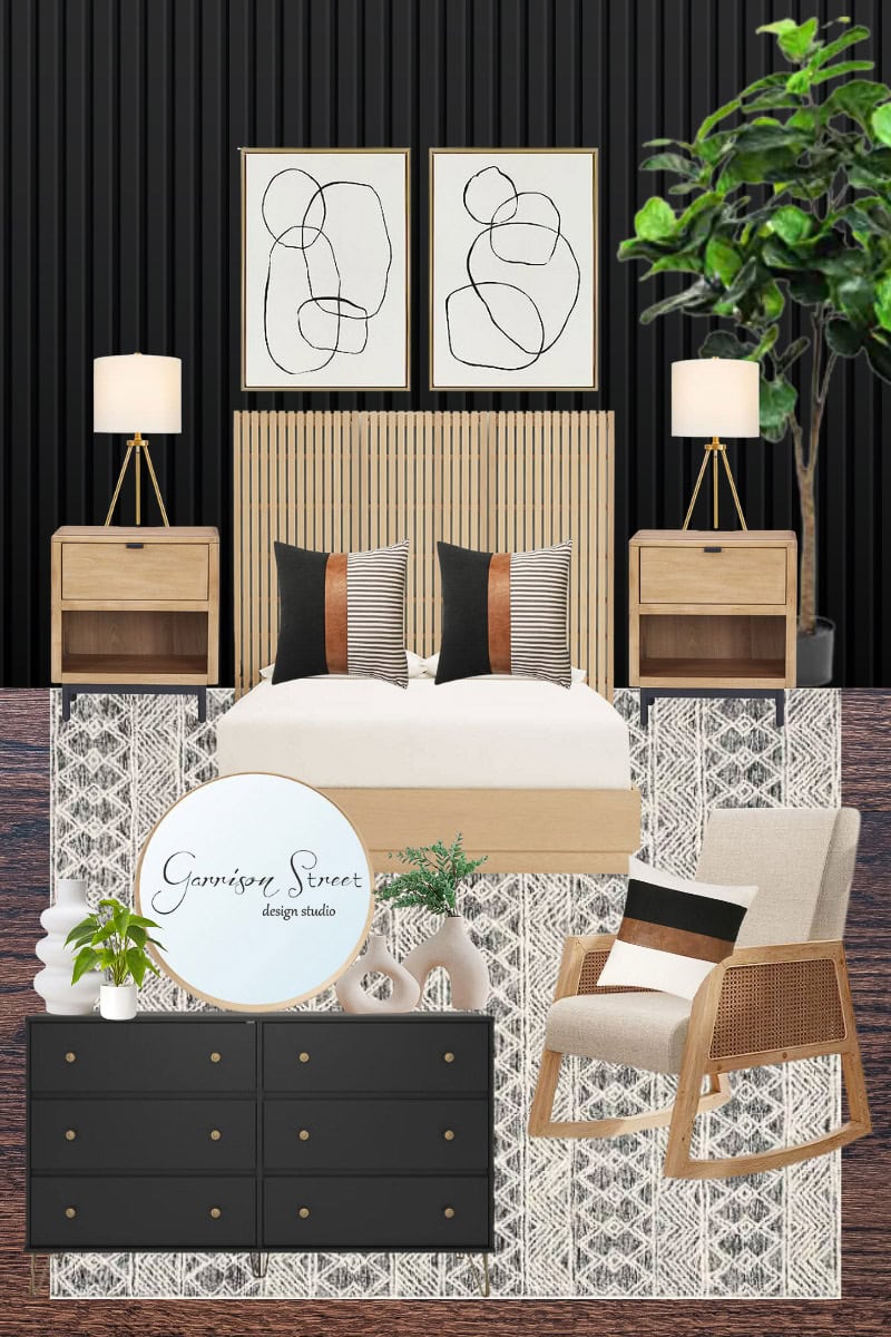 A wooden bed with black and white bedding, flanked by nightstands with lamps. Abstract art hangs above the bed. A dresser with plants and a circular mirror is nearby, along with a cushioned chair. A large plant adds greenery.