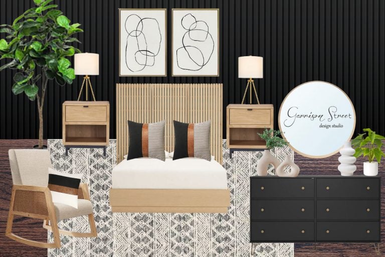 Discover a bedroom makeover with a modern touch: a wooden bed adorned with striped pillows, flanked by nightstands and lamps. Abstract art graces the space above, while a plant and black dresser provide contrast. A cozy chair completes this stylish transformation.