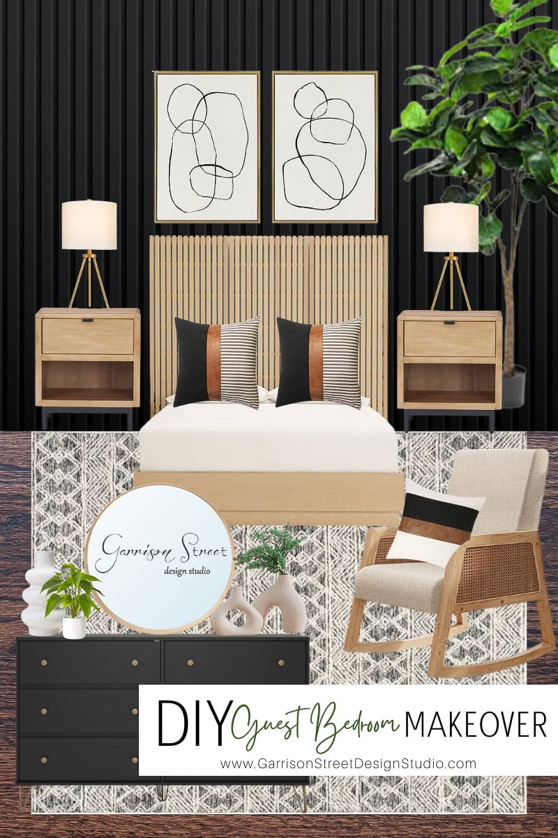 A modern guest bedroom makeover features a black accent wall, wooden bed frame, abstract wall art, and patterned rug. Two wooden nightstands with lamps flank the bed. A sleek black dresser and lush plant complete the look. Text reads "DIY Guest Bedroom Makeover.