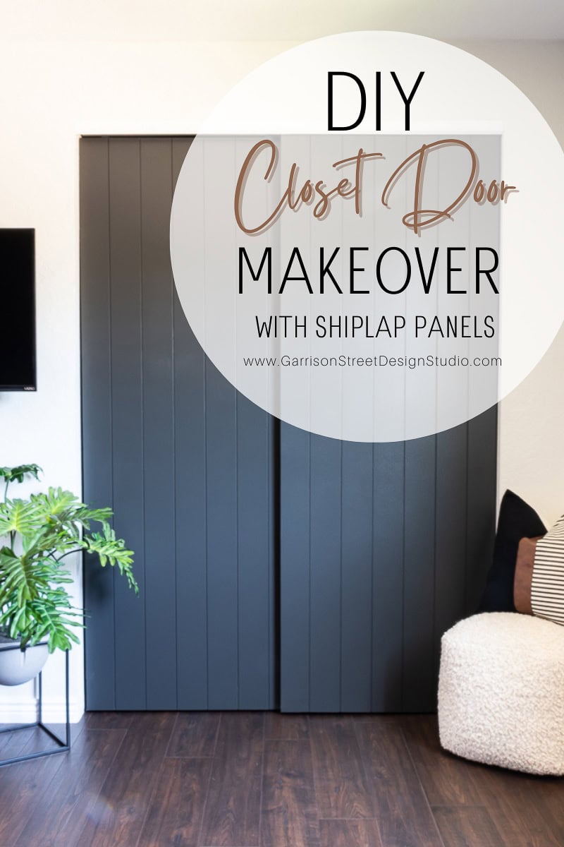 Dark shiplap panel sliding closet doors transform this modern living space, complete with a cozy couch, vibrant plant, and sleek TV. The text overlay reads "DIY Closet Door Makeover with Shiplap Panels," crediting Garrison Street Design Studio for the creative touch in home renovation elegance.