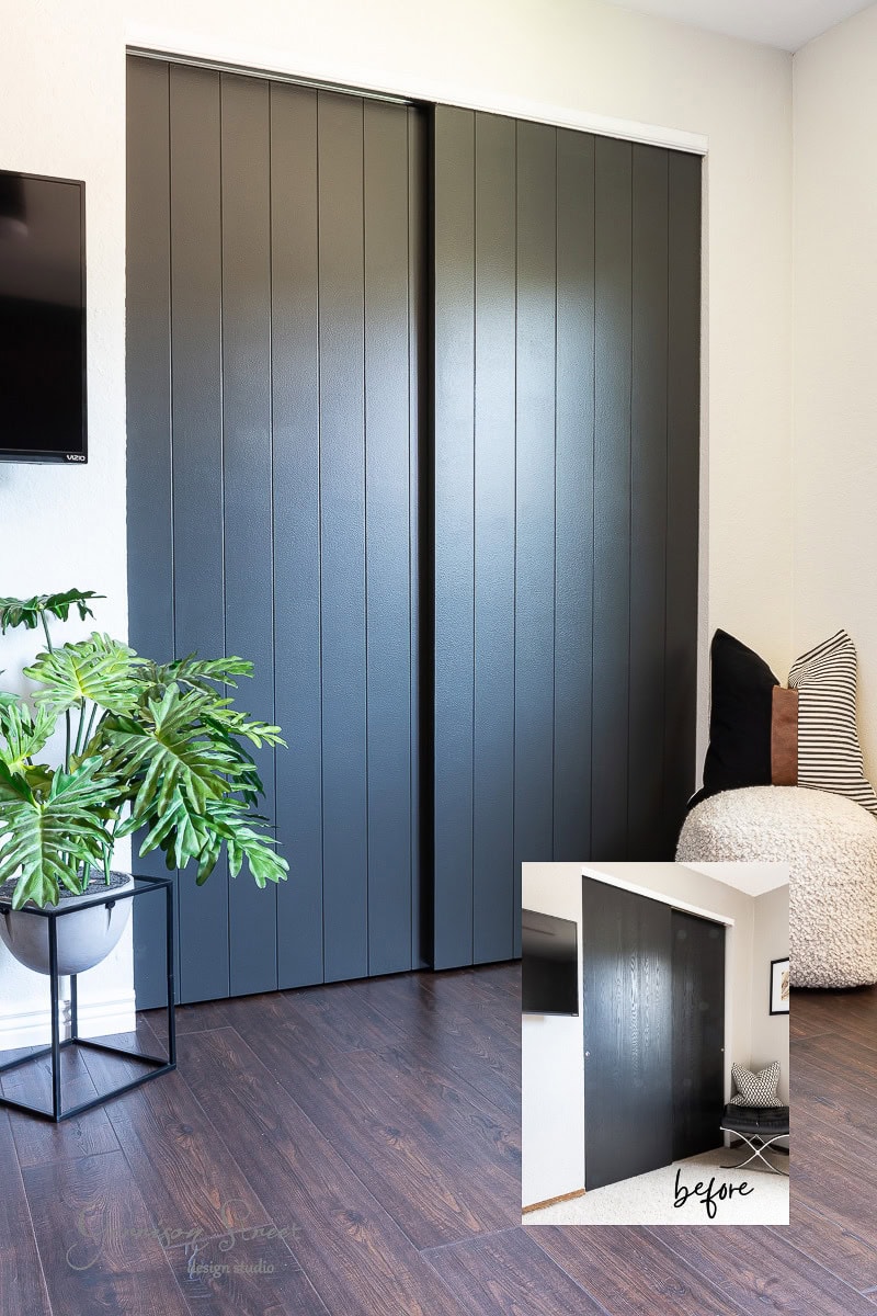 A modern room showcases a DIY closet door makeover with dark green sliding doors. A plant sits beside the closet, while a cushioned seat with pillows accents the right. An inset image reveals the "before" state, highlighting the transformation from older doors.