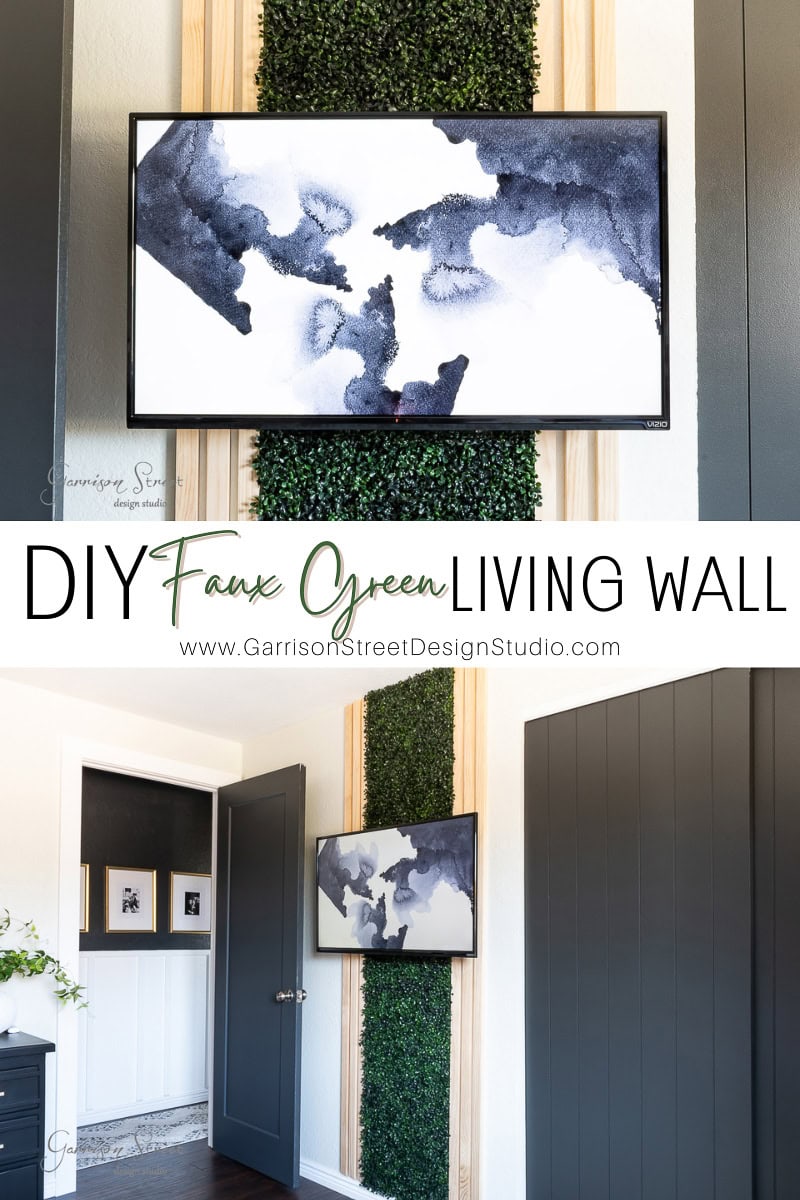 A modern interior showcases a DIY faux green living wall with an abstract black and white painting mounted above it. The room is accented by dark doors and wood finishes. Text reads "Green Wall DIY" alongside a website URL.