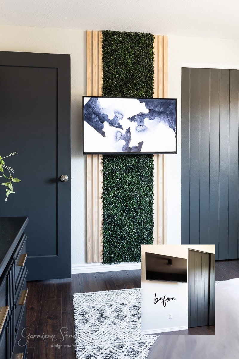 A modern room showcases a TV mounted on a wall adorned with a green wall. A dark door, dresser, and patterned rug complete the decor. An inset photo reveals the "before" with just a plain wall, highlighting the transformation.