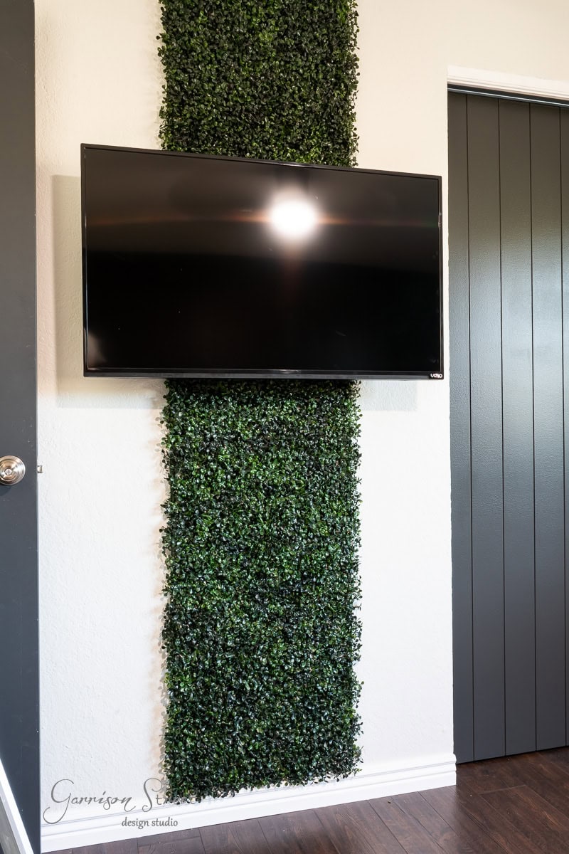 A flat-screen TV mounted on a wall is complemented by a vertical strip of green wall behind it. A dark door peeks in from the right, and the warm texture of a wooden floor completes the scene.